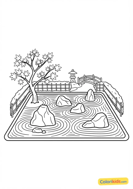 Coloriage à imprimer : jardin zen japonais avec des rochers soigneusement ratissés et des érables rouges