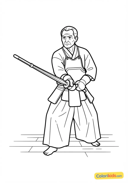 Coloriage à imprimer : maître d'arts martiaux pratiquant le kendo avec un shinai dans un dojo traditionnel