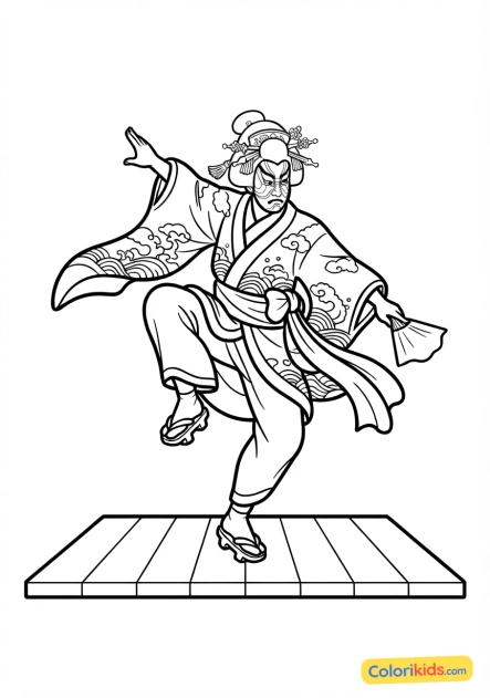 Coloriage à imprimer : acrobate ou danseur traditionnel masqué lors d'une représentation théâtrale de kabuki