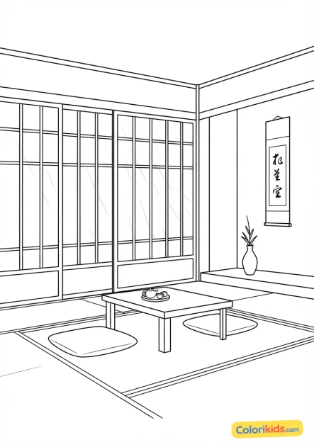 Ausmalbild zum Ausdrucken: minimalistisches Interieur eines traditionellen Hauses mit Shoji-Reispapier-Trennwänden