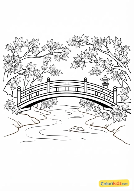Coloriage à imprimer : pont de bois rouge traversant une rivière entourée d'érables flamboyants en automne