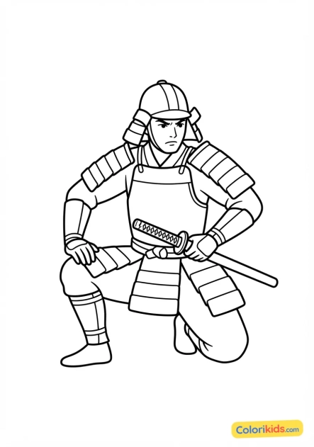 Coloriage à imprimer : samouraï en position de combat agenouillé, main sur la poignée de son sabre