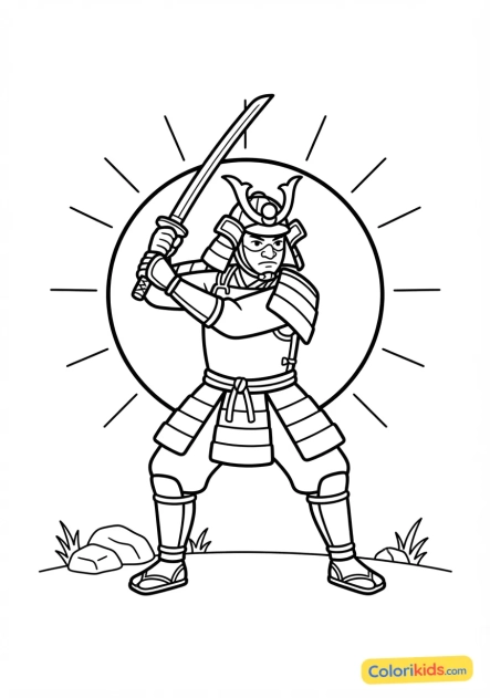 Coloriage à imprimer : samouraï en armure complète brandissant son katana sur fond de soleil levant