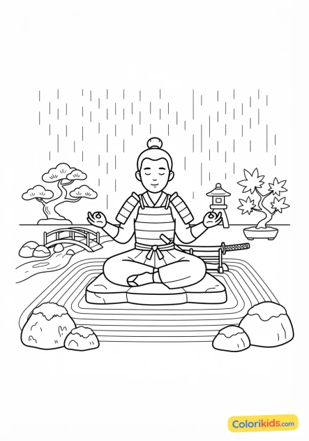 Coloriage à imprimer : samouraï méditant paisiblement dans un jardin zen sous une pluie fine