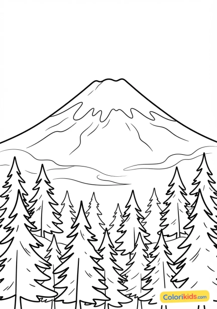 Coloriage à imprimer : mont Fuji enneigé se dressant majestueusement derrière une forêt de pins brumeuse