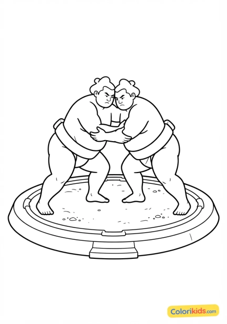 Coloriage à imprimer : combat de lutteurs sumo concentrés dans l'arène circulaire en terre battue