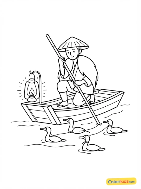 Coloriage à imprimer : pêcheur traditionnel au cormoran naviguant sur une rivière calme à la lueur des lanternes