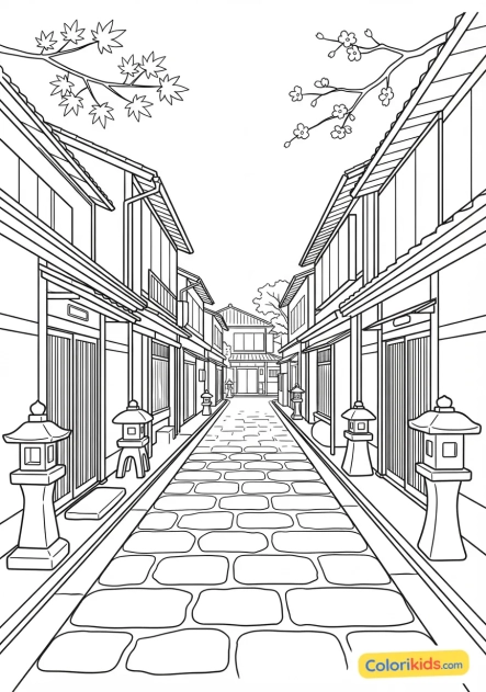 Coloriage à imprimer : ruelle pavée traditionnelle bordée de lanternes en pierre et de maisons en bois anciennes