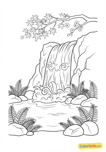 Coloriage à imprimer : chutes d'eau tumultueuses plongeant dans un bassin verdoyant entouré de fougères