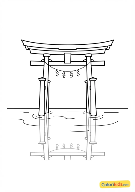 Coloriage à imprimer : porte torii rouge vermillon se dressant dans les eaux calmes d'un sanctuaire marin