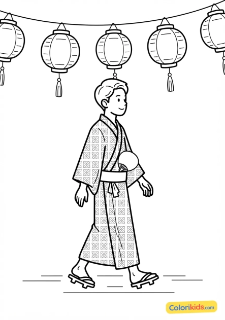 Coloriage à imprimer : jeune homme en yukata d'été marchant sous des lanternes rouges lors d'un festival