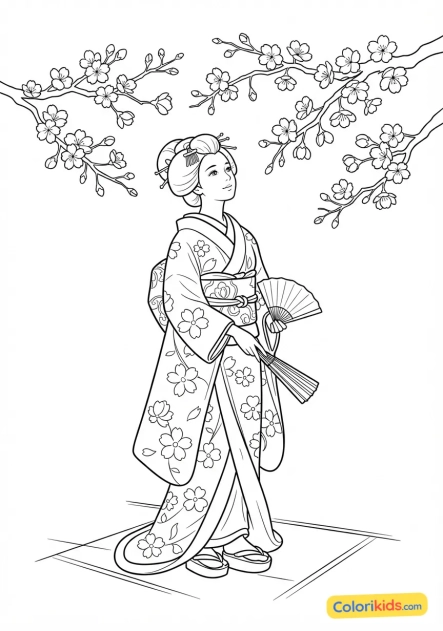 Coloriage à imprimer : jeune femme en kimono coloré admirant les fleurs de cerisier (sakura) au printemps