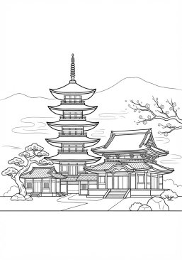 Voir le coloriage Temple bouddhiste ancien avec ses toits de pagode à étages dans une brume matinale