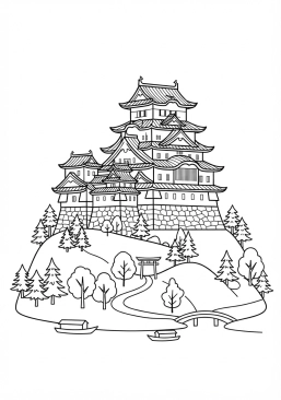 Voir le coloriage Ancien château fort japonais aux toits multiples dominant une colline boisée