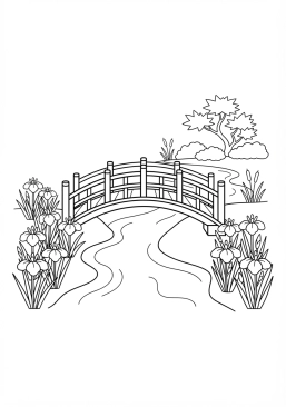 Voir le coloriage Pont en bois arqué enjambant un ruisseau paisible bordé d'iris en fleurs