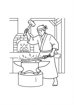 Voir le coloriage Artisan fabriquant un katana traditionnel, frappant le métal ardent avec son marteau