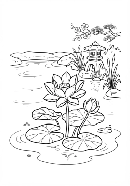 Voir le coloriage Fleurs de lotus délicates écloses dans un étang paisible de jardin japonais