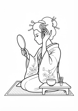 Voir le coloriage Geisha ajustant ses épingles à cheveux ornées avant une cérémonie du thé