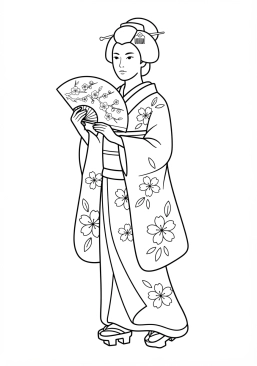 Voir le coloriage Geisha tenant un éventail traditionnel peint de motifs floraux délicats