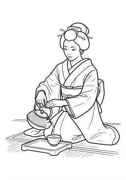 Voir le coloriage Geisha versant du thé vert depuis une théière en fonte sur une natte de tatami