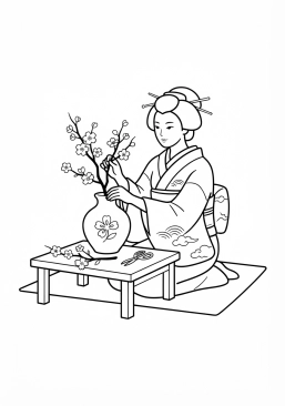 Voir le coloriage Geisha arrangeant habilement des fleurs de cerisier dans un vase en céramique