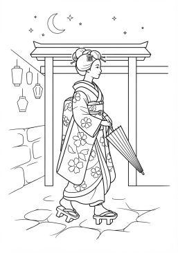 Voir le coloriage Geisha marchant gracieusement sur des geta en bois dans une ruelle de Kyoto la nuit