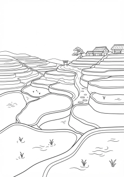 Voir le coloriage Rizières en terrasses verdoyantes sur les flancs de collines d'une campagne nippone