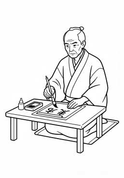 Voir le coloriage Calligraphe japonais concentré traçant des kanjis noirs sur un papier de riz blanc