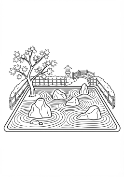 Voir le coloriage Jardin zen japonais avec des rochers soigneusement ratissés et des érables rouges