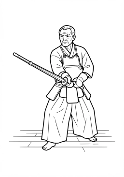 Voir le coloriage Maître d'arts martiaux pratiquant le kendo avec un shinai dans un dojo traditionnel
