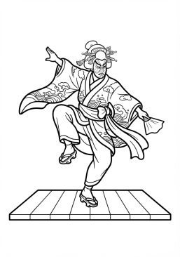 Voir le coloriage Acrobate ou danseur traditionnel masqué lors d'une représentation théâtrale de kabuki