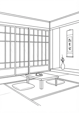 Voir le coloriage Intérieur minimaliste d'une maison traditionnelle avec des cloisons shoji en papier de riz