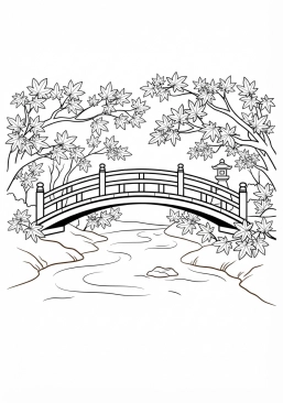 Voir le coloriage Pont de bois rouge traversant une rivière entourée d'érables flamboyants en automne
