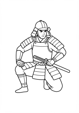 Voir le coloriage Samouraï en position de combat agenouillé, main sur la poignée de son sabre