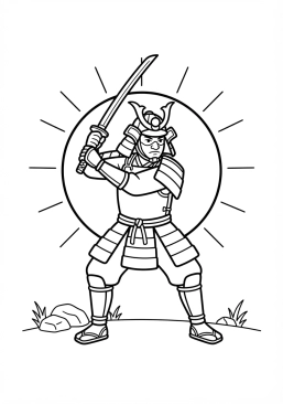 Voir le coloriage Samouraï en armure complète brandissant son katana sur fond de soleil levant