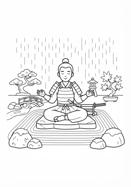 Voir le coloriage Samouraï méditant paisiblement dans un jardin zen sous une pluie fine