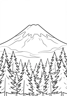 Voir le coloriage Mont Fuji enneigé se dressant majestueusement derrière une forêt de pins brumeuse