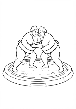 Voir le coloriage Combat de lutteurs sumo concentrés dans l'arène circulaire en terre battue