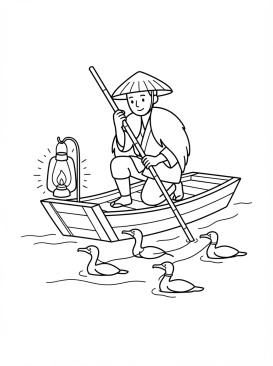 Voir le coloriage Pêcheur traditionnel au cormoran naviguant sur une rivière calme à la lueur des lanternes
