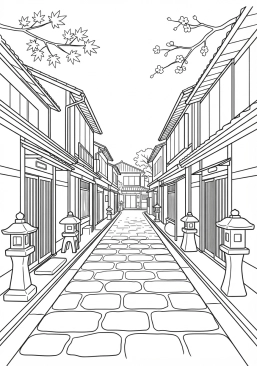 Voir le coloriage Ruelle pavée traditionnelle bordée de lanternes en pierre et de maisons en bois anciennes