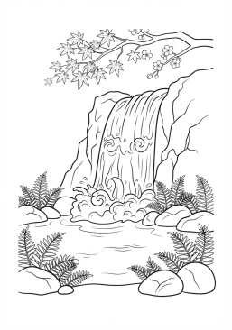 Voir le coloriage Chutes d'eau tumultueuses plongeant dans un bassin verdoyant entouré de fougères