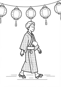 Voir le coloriage Jeune homme en yukata d'été marchant sous des lanternes rouges lors d'un festival