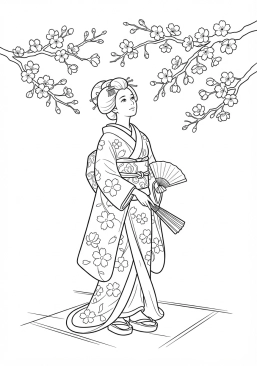 Voir le coloriage Jeune femme en kimono coloré admirant les fleurs de cerisier (sakura) au printemps