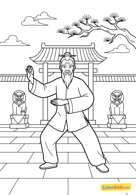 Coloriage à imprimer : sagesse ancestrale d'un vieux maître d'arts martiaux pratiquant dans la cour du temple