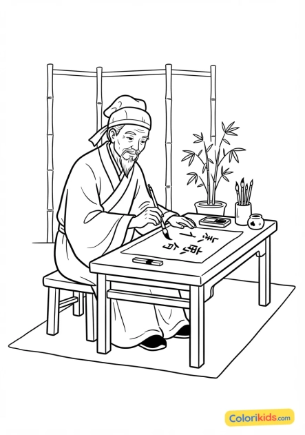 Coloriage à imprimer : ancien lettré chinois pratiquant l'art de la calligraphie au pinceau et à l'encre de Chine