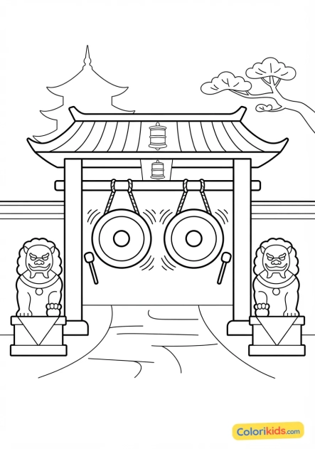 Coloriage à imprimer : gongs en bronze suspendus à l'entrée d'un monastère bouddhiste au son résonnant