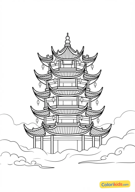 Coloriage à imprimer : toits recourbés d'une pagode ancestrale se dressant dans la brume matinale