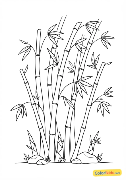 Coloriage à imprimer : bambous géants pliant doucement sous une légère brise dans une forêt isolée