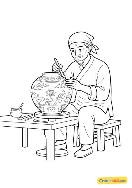 Coloriage à imprimer : artisan local façonnant délicatement un vase en porcelaine bleue et blanche