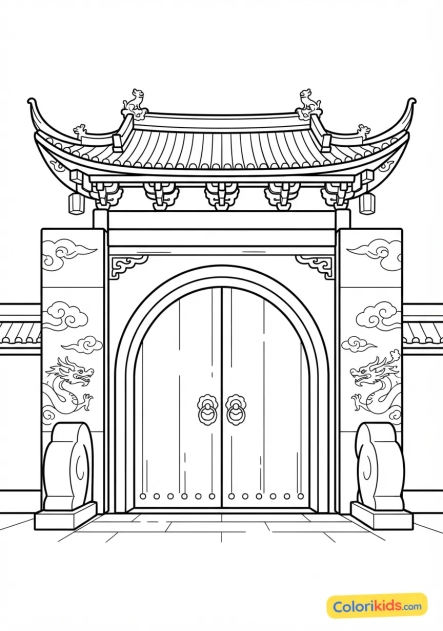 Coloriage à imprimer : porte monumentale en bois sculpté et laqué rouge marquant l'entrée d'un temple